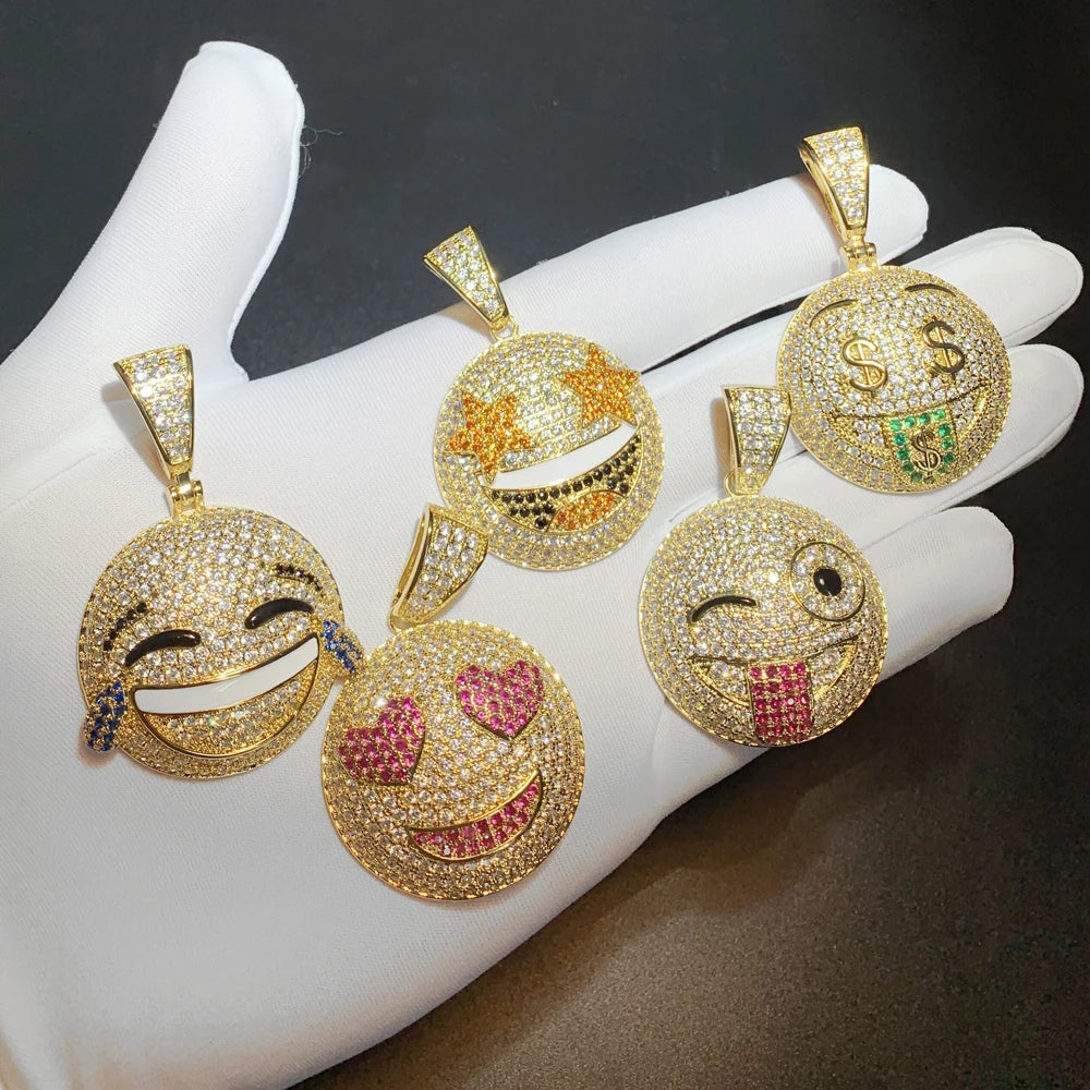 Exquisite Iced Out Bling 5A Cubic Zirconia Smiling Face Pendant Necklace