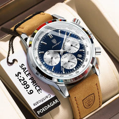 POEDAGAR Top Luxury Men's Leather Sport Watch Chronograph Luminous Quartz Waterproof