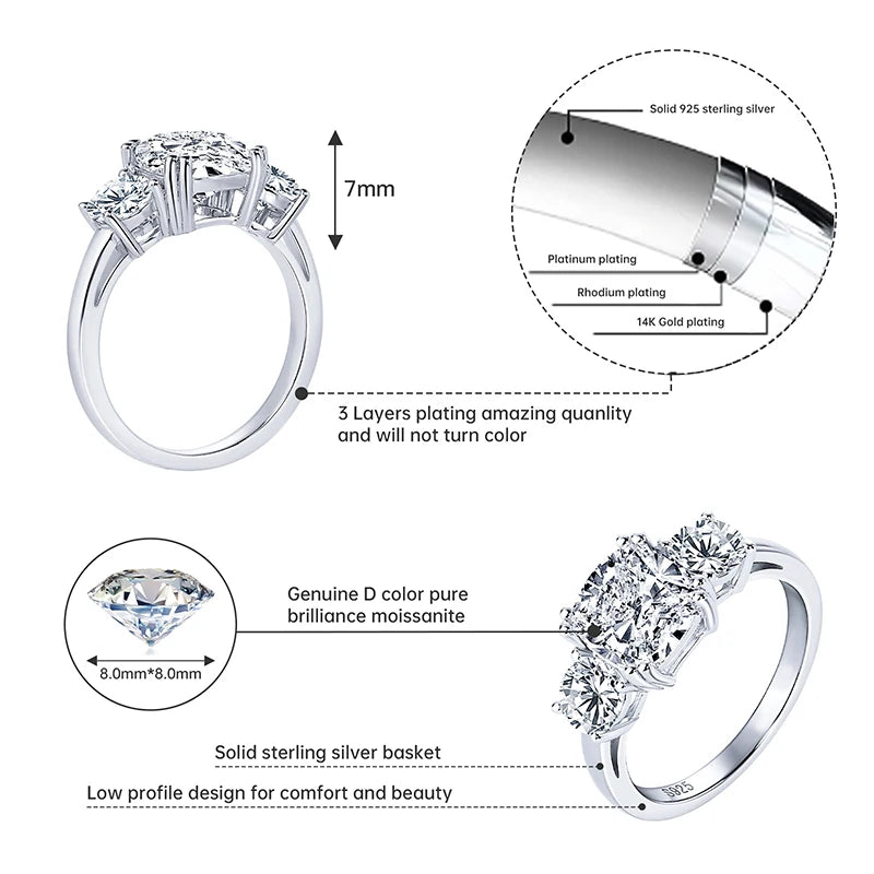 Brilliant 3.5CT VVS1/D Cushion Cut Three Stone Moissanite Engagement Ring | GRA Certificate