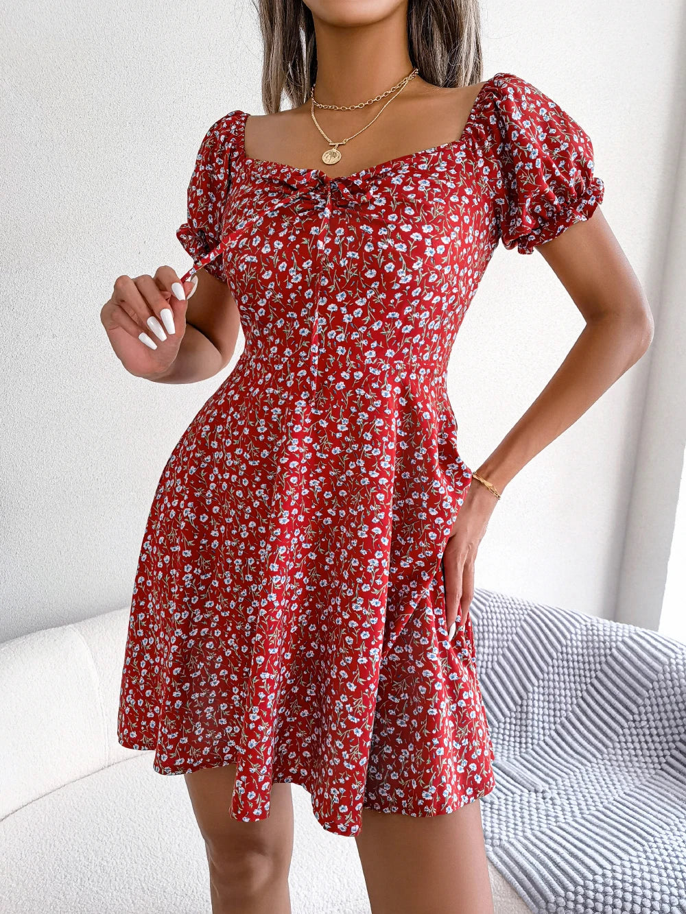 Elegant Women's Casual Ruffles Short Sleeve Floral Print Dress