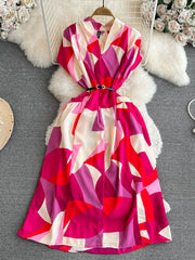 Gorgeous Vintage Casual Print Midi Dress V-Neck Sleeveless High Waist A-Line Dress