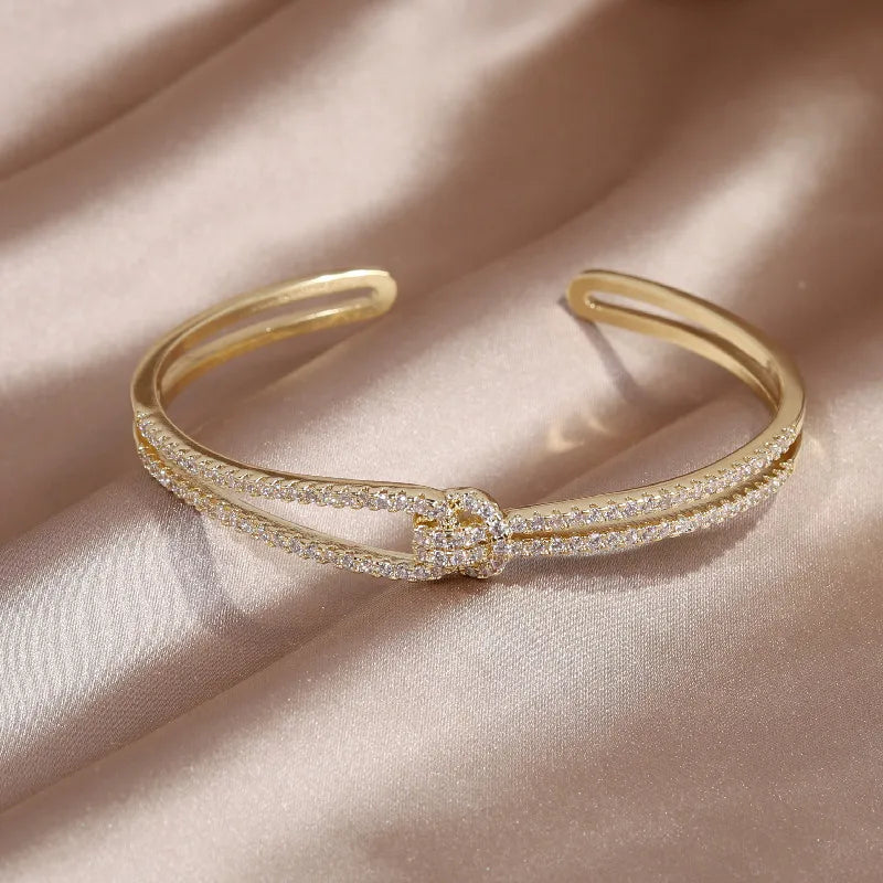 Exquisite 14K Gold Plated Sparkling Zircon Knot Adjustable Bangle Bracelet