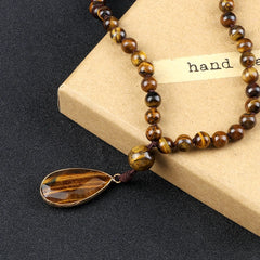 Vintage Handmade Polished Natural Tiger Eye Mala Beads Drop Pendant Necklace