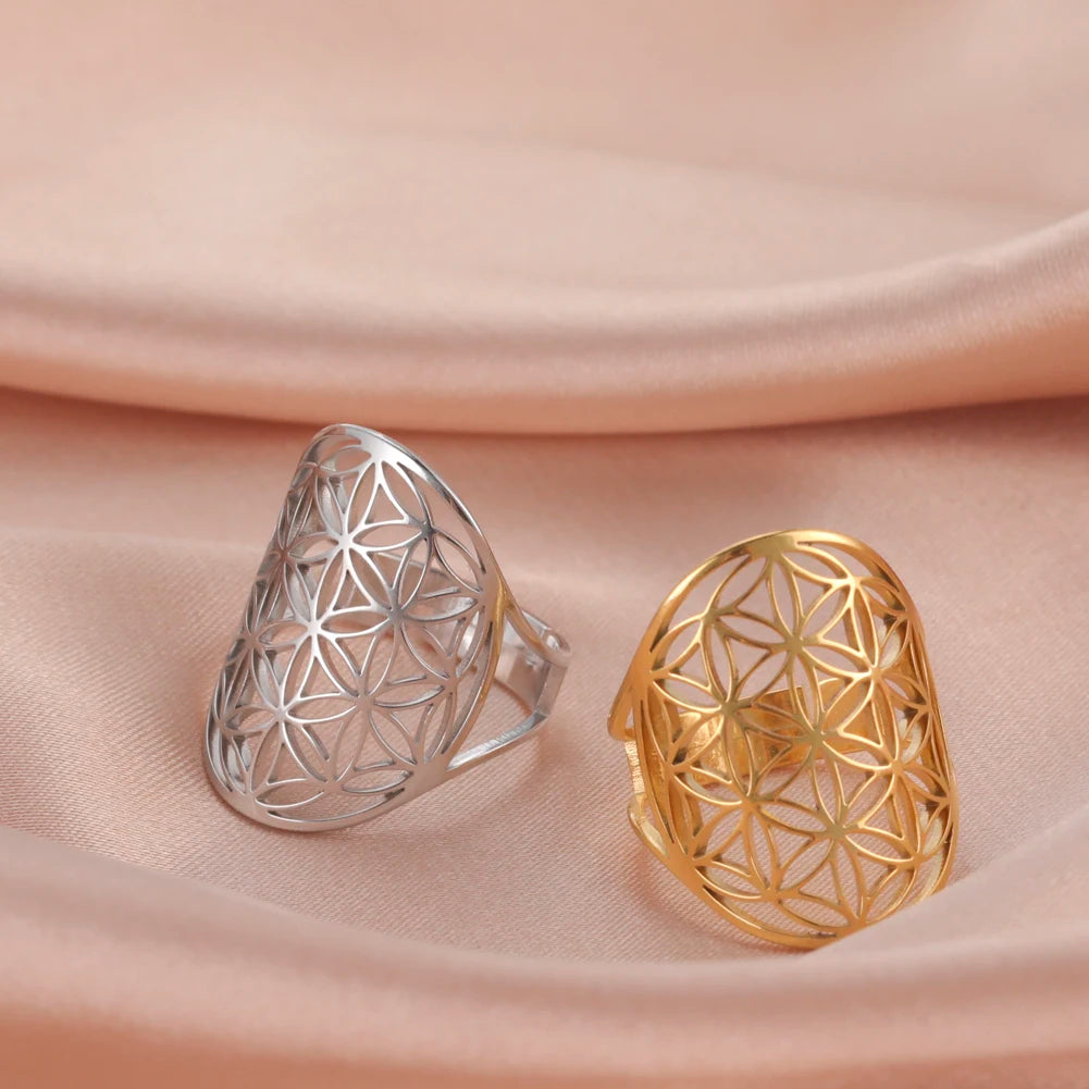Exquisite Vintage Stainless Steel and Gold Plated Filigree Flower of Life Ring Adjustable