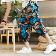 Harajuku Summer Loose Calf Length Casual Cotton and Linen Loose Wide Leg Pants