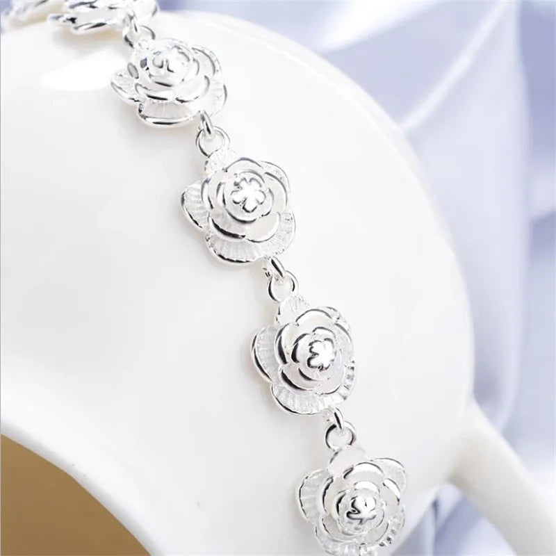 Exquisite Charm 925 Sterling Silver Rose Flower Chain Bracelet