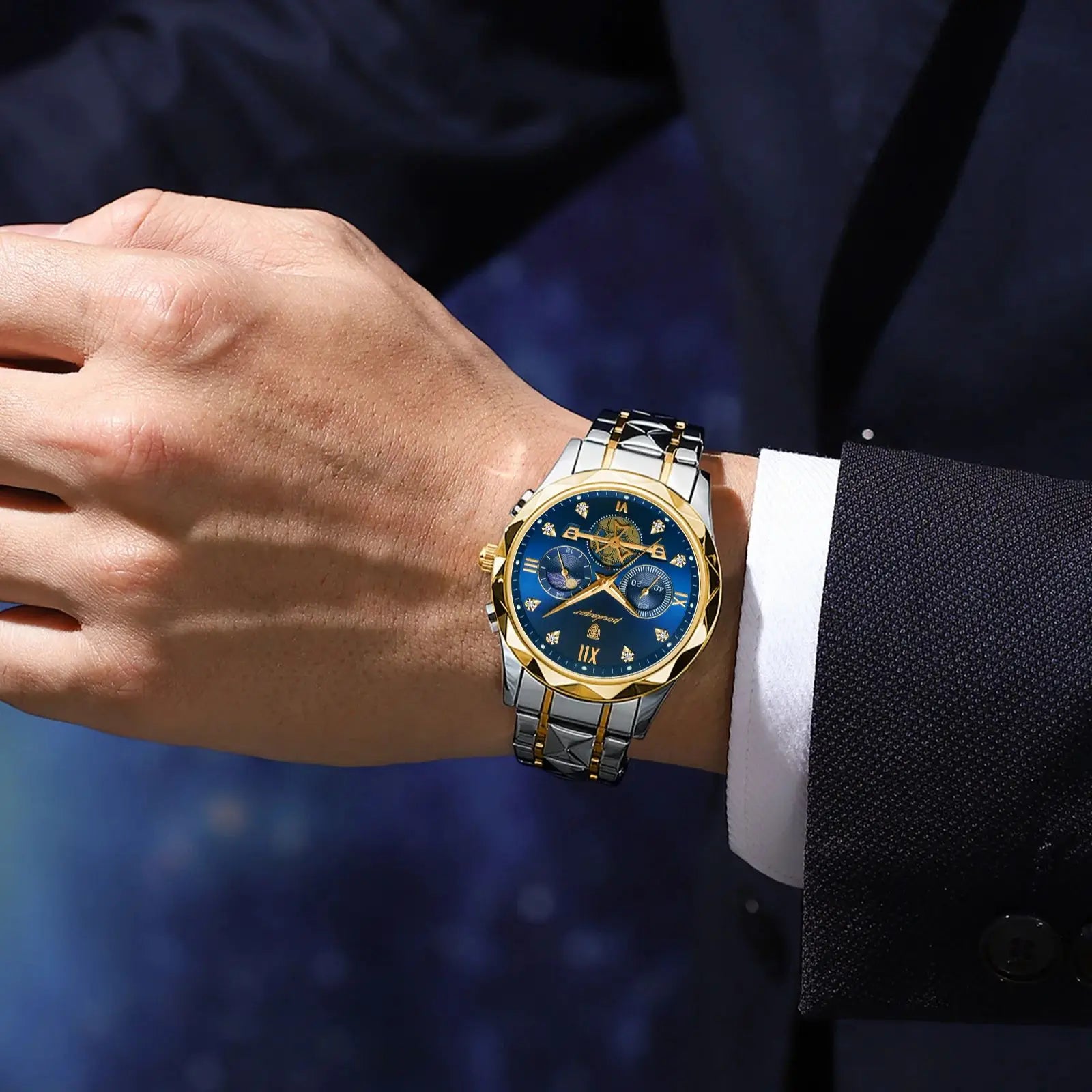 Luxury Stylish POEDAGAR Men's Business Watch Stainless Steel Quartz Wristwatch Waterproof Luminous Chronograph