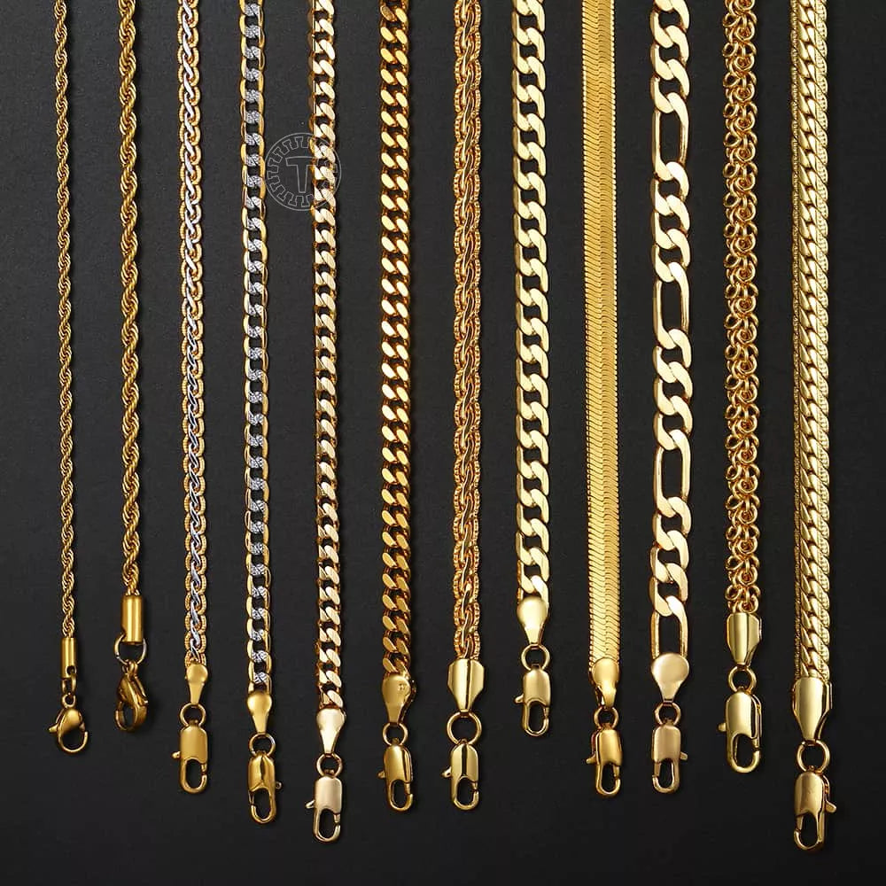 Gorgeous Luxury Gold Plated Stainless Steel Figaro Rope Cuban Link Chain Necklaces for Men and Women