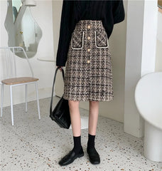 Luxury Wool Plaid Tweed Pearl Button Front Pocket Glitter Skirt for Women and Girls