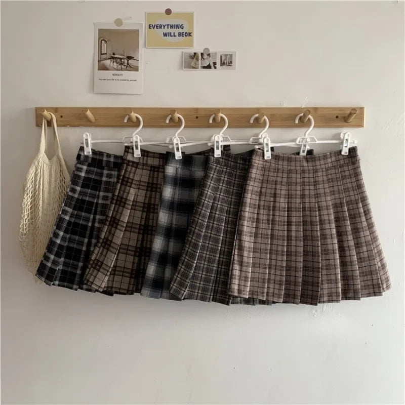 Gorgeous Woolen Plaid Pleated High Waist Skirts Neutral Colors for Women and Girls