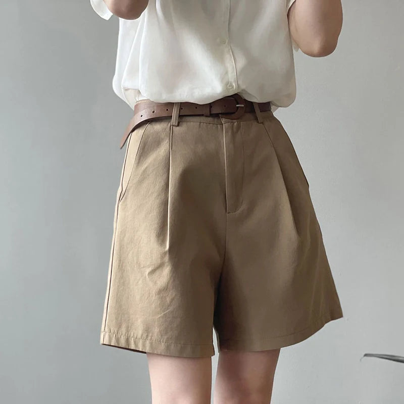 Elegant Casual Pure Cotton High Waist Wide Leg Shorts with Belt for Women and Junior