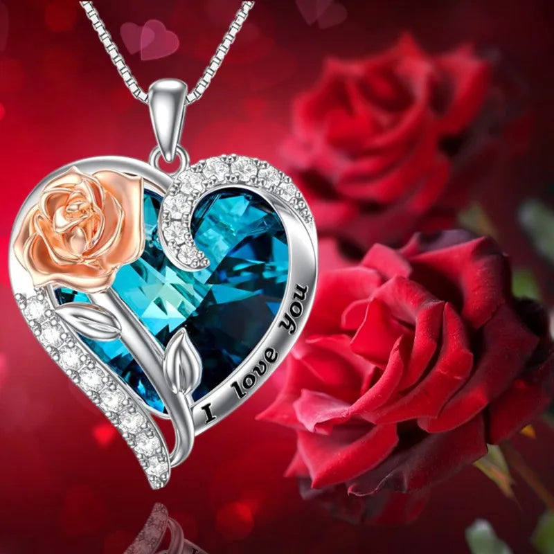 Elegance I Love You Rose Flower  Heart Crystal Pendant Necklace