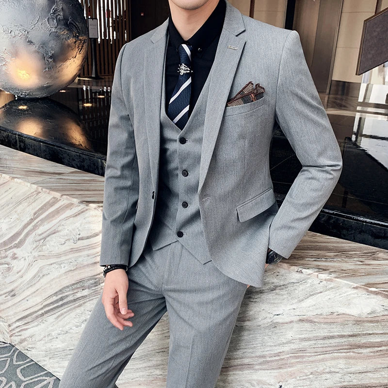 New Luxury Fashion Boutique Lattice Formal Business Mens Suit 3pcs Set Groom Wedding Dress Plaid Suit