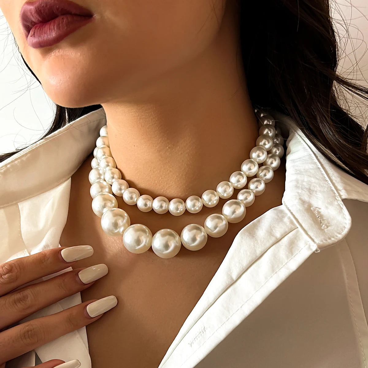 Elegant 2pcs/set Imitation Pearl Beaded Choker Necklaces for Women