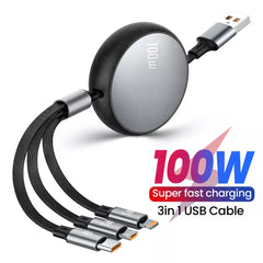3-in-1 Retractable 6A 100W USB Cable: USB To 8 Pin/Type C/Micro Fast Charge for iPhone 14/13/12 Pro Max