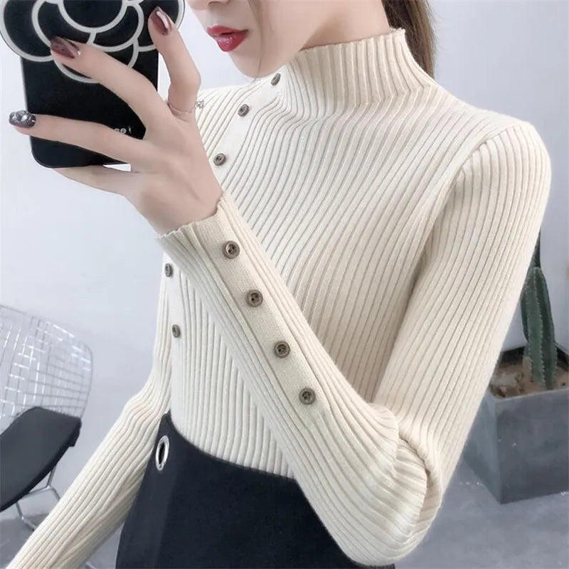Gorgeous Luxury Women's Knitted Slim Cotton Soft Elastic Color Pullovers Button Turtleneck