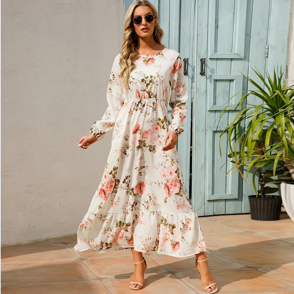 Elegant Bohemian Maxi Dress Floral Chiffon Dresses