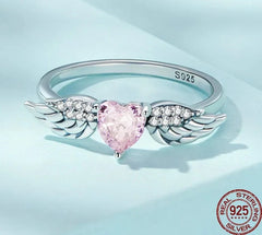 Exquisite Luxury 925 Sterling Silver Love Angel Wings Pink Heart Zircon Ring