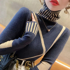 New Gorgeous Luxury Women's Knitted High Neck Striped Turtleneck Sweaters