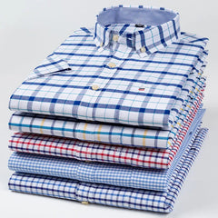 Luxury Men's  100% Pure Cotton Short Sleeve Striped Single Pocket Plaid Shirt Size 40-43