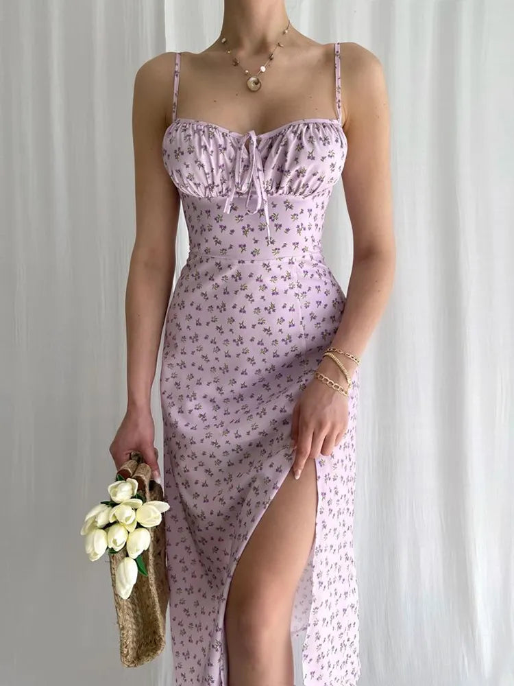 Elegant  Women Floral Sleeveless Satin Slip Ruched Bandage Cut Out Maxi Dress