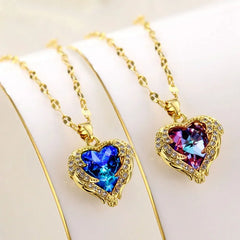 Gorgeous Stainless Steel Colorful Crystal Ocean Heart Pendant Necklace