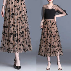 Gorgeous Elegant Fashion Flocking Floral Dot Mesh Long Gauze High-waist Slimming Reversible Skirts for Women and Girls