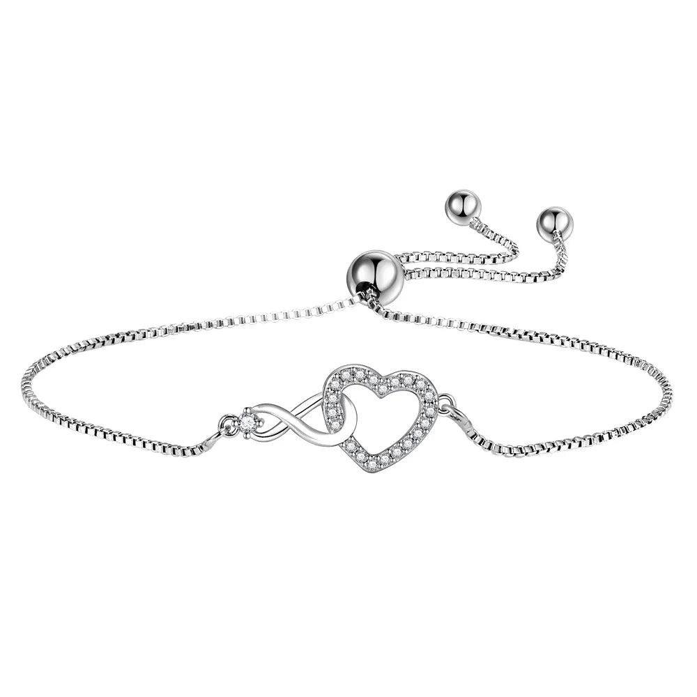 Elegant 925 Sterling Silver Sparkling Infinity Heart Zircon Bracelet For Women and Girls