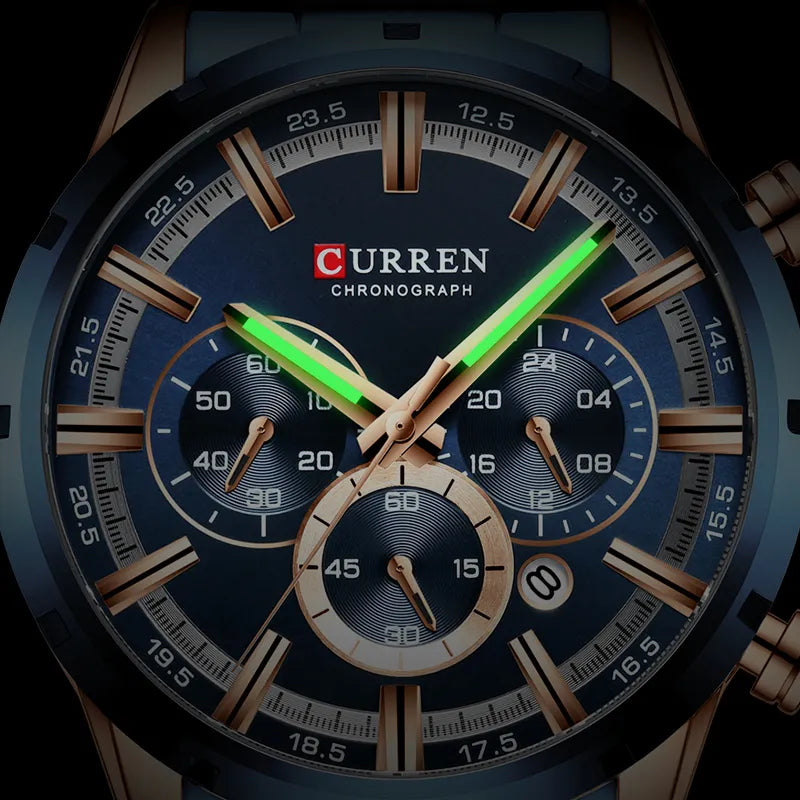 CURREN Top Luxury Men's Stainless Steel Sports Quartz Luminous Chronograph Waterproof Wristwatch