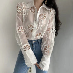 Luxury Sexy White Hollow Floral Embroidery Shirts Blouses