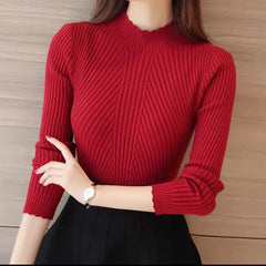 Gorgeous Elegant Women Mock Neck Ruffles Knitted Soft Pullovers Stripe Casual Sweaters