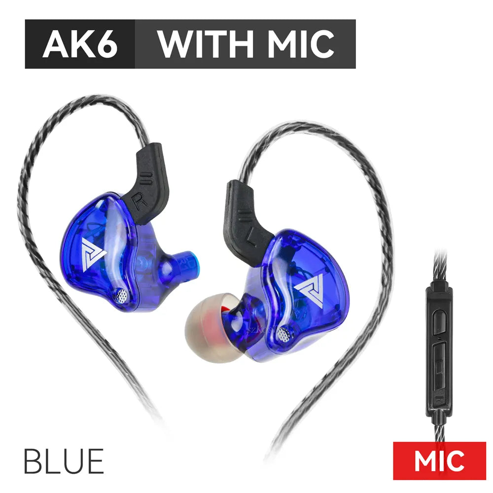 Sports Gaming EarPhone - AK6 AERS Wired Headphones Dual Drive HiFi 3.5mm Bass Stereo with Mic