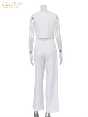 Elegant Summer White Linen Two Piece Set For Women