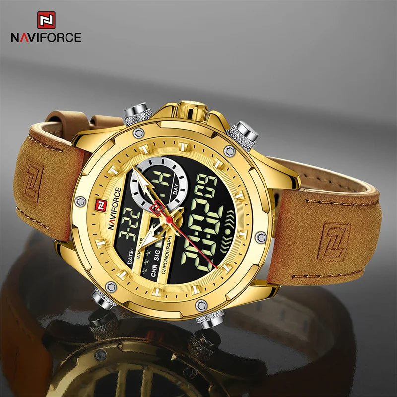 Luxury NAVIFORCE Digital Chronograph Men Military Leather Watch | Waterproof LED Quartz Clock Sport