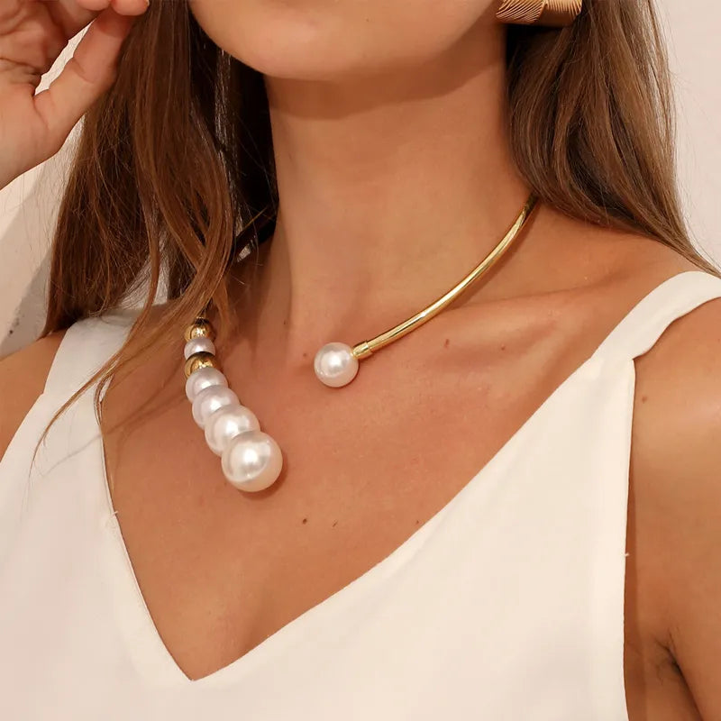 Gorgeous Modern Water Drop Golden Bead Opening Collar Pearl Necklace For Women