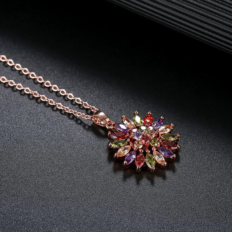 Gorgeous Luxury Shiny Colorful Zircon Multicolor Flower Pendant Necklace For Women