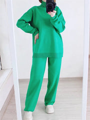 Luxury Two Pieces Outfits Women's Knitted Tracksuit Turtleneck Sweater and Pants Suits
