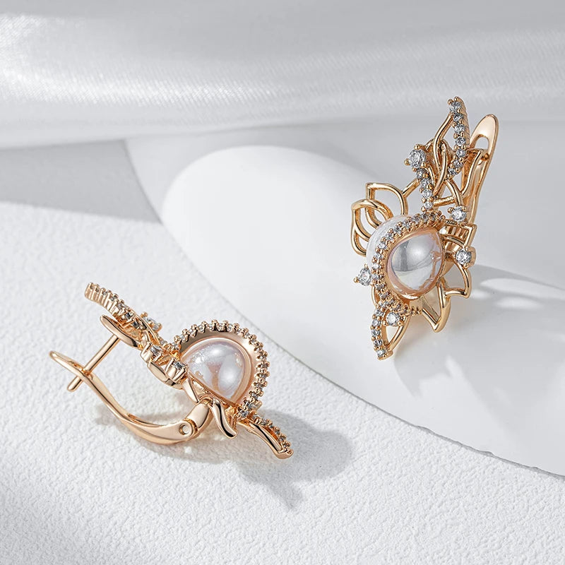 Exquisite Luxury 585 Rose Gold Drop Earrings | Geometric Hollow Design with Natural Zircon Pearl Accents