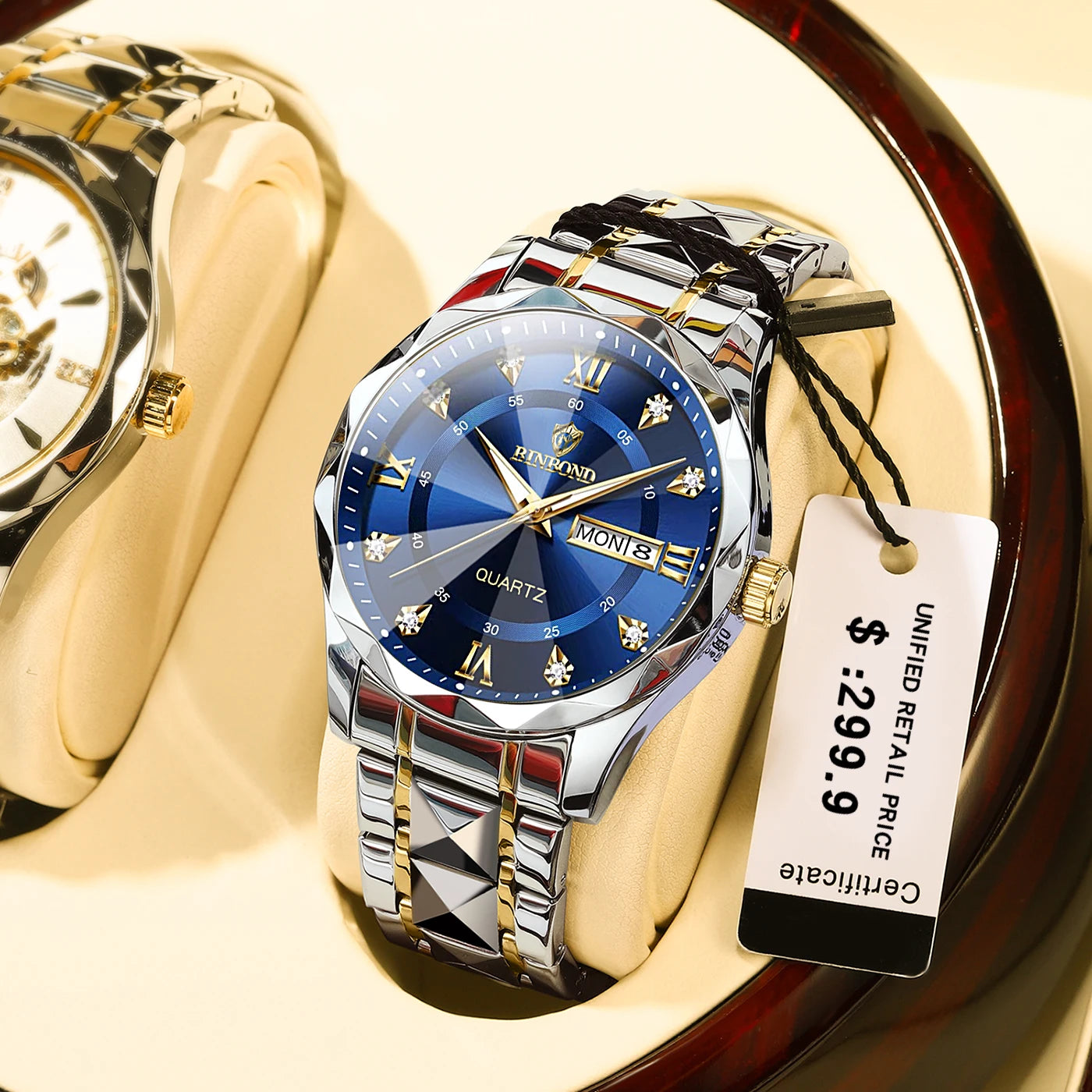 BINBOND Luxury Mens Sport Stainless Steel  Quartz Luminous Glowing Water Resistant Watch