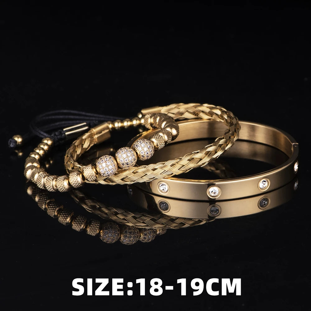 Luxury 3PCS Stainless Steel Micro Pave CZ Round Beads Royal Charm Men Bracelets