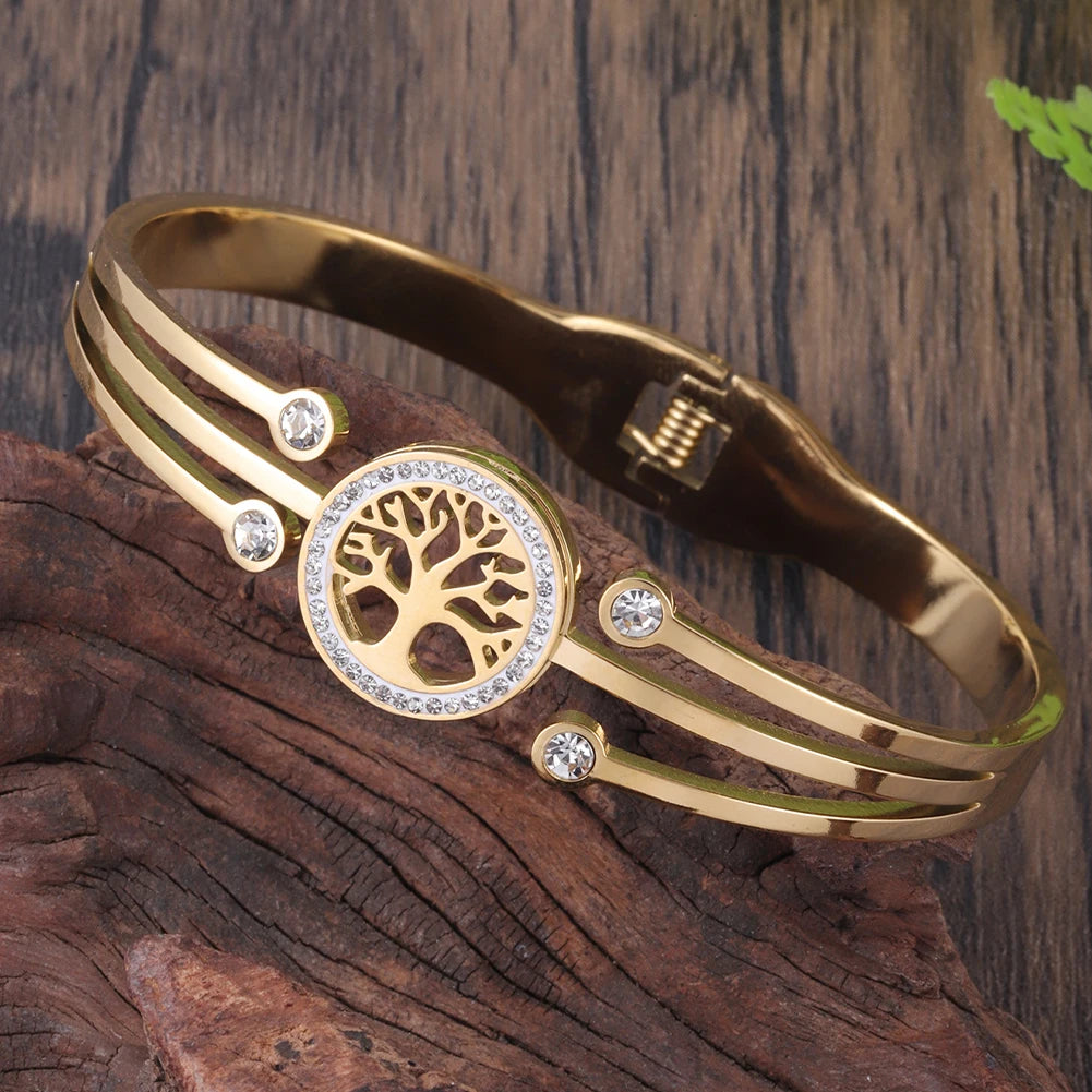 Exquisite Luxury Gold Plated Stainless Steel Tree of Life Cuff Bangle Bracelets