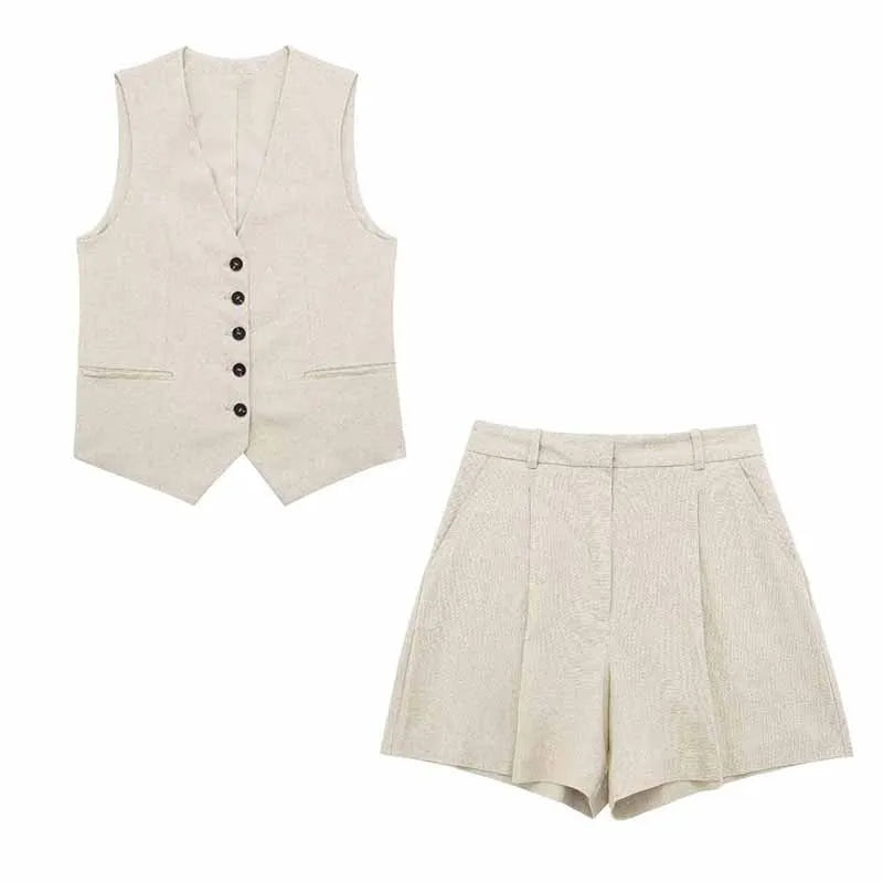 Gorgeous Luxury Women's Vintage Cotton Linen 2 Piece Vest and Short Sets Outfits