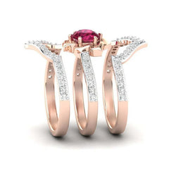 Dazzling Rose Gold Color Flower Ring Inlaid Red Zircon Stones Wedding Rings Set Engagement Jewelry