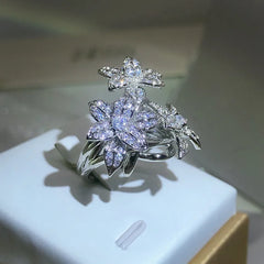 Luxury Sparkling 925 Silver Pear Shape Flower Zircon Rings