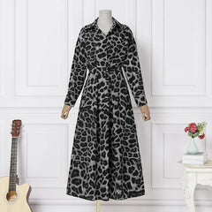 Gorgeous Luxury Leopard Print Unique Pullover Polo Neck High Waist Loose Swing Dress