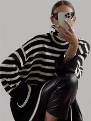 Fashion Stylish Luxury Women's Knitted Black And White Stripe Sweaters