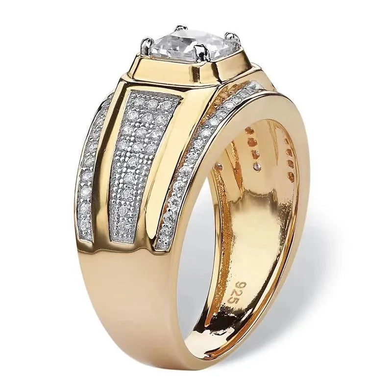 Domineering Elegance: Classic Gold-Plated Men's Ring with Square Cut White Zircon
