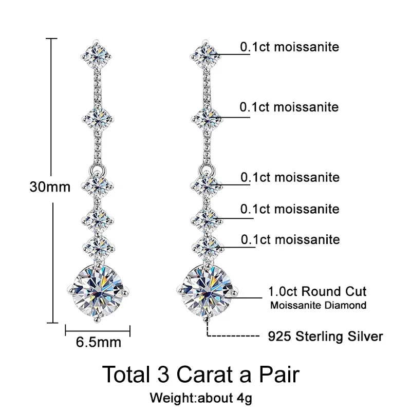 Dazzling Sparkling 3CT Real Moissanite Long Tassel  Dangle Earrings GRA Certified