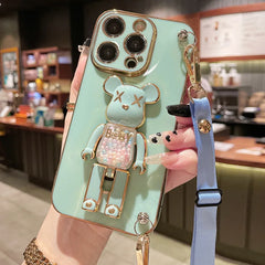 Cute 3D Quicksand Bear Holder Bracelet Strap Lanyard Phone Case for iPhone
