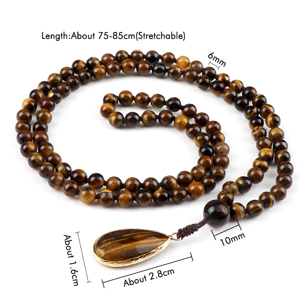 Vintage Handmade Polished Natural Tiger Eye Mala Beads Drop Pendant Necklace